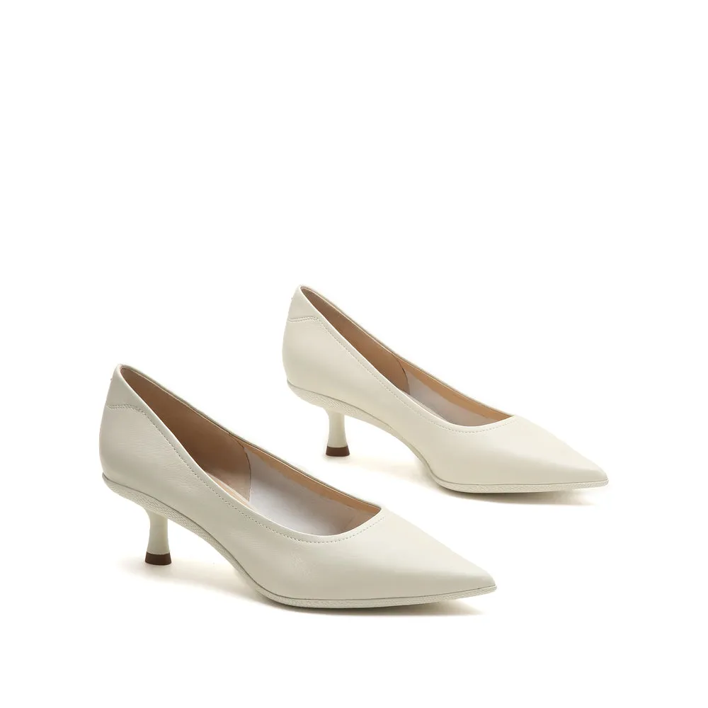 Beige Leather Pointed Toe Pumps