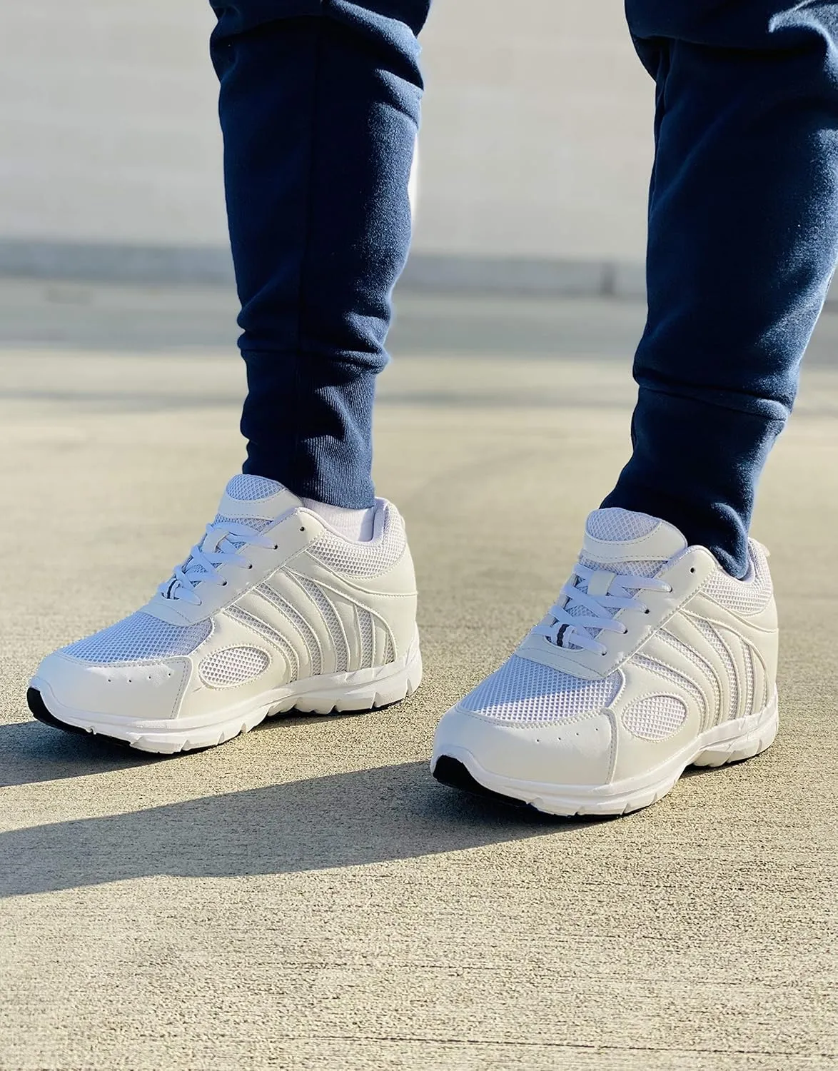 CALTO Men's Invisible Height Increasing Elevator Shoes - White Leather/Mesh Lace-up Super Lightweight Trainer Sneakers - 3 Inches Taller - G3303 - Size 9 D(M) US