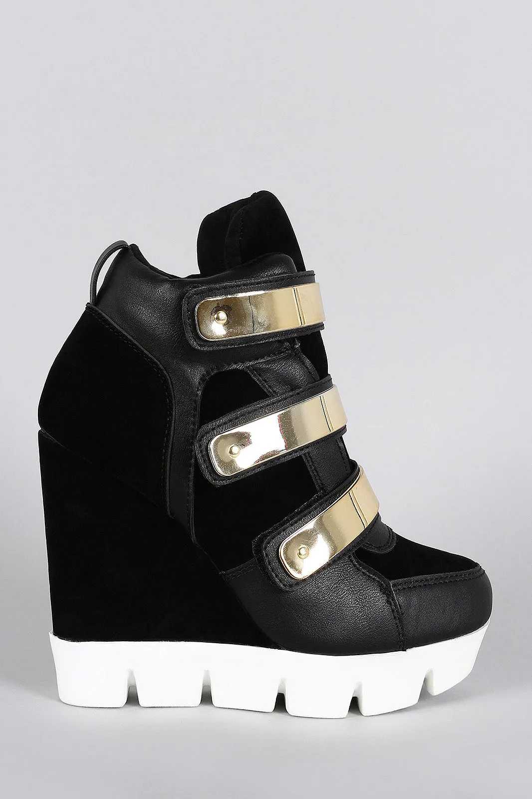 Dollhouse Suede Metallic Strap High Top Wedge Sneaker