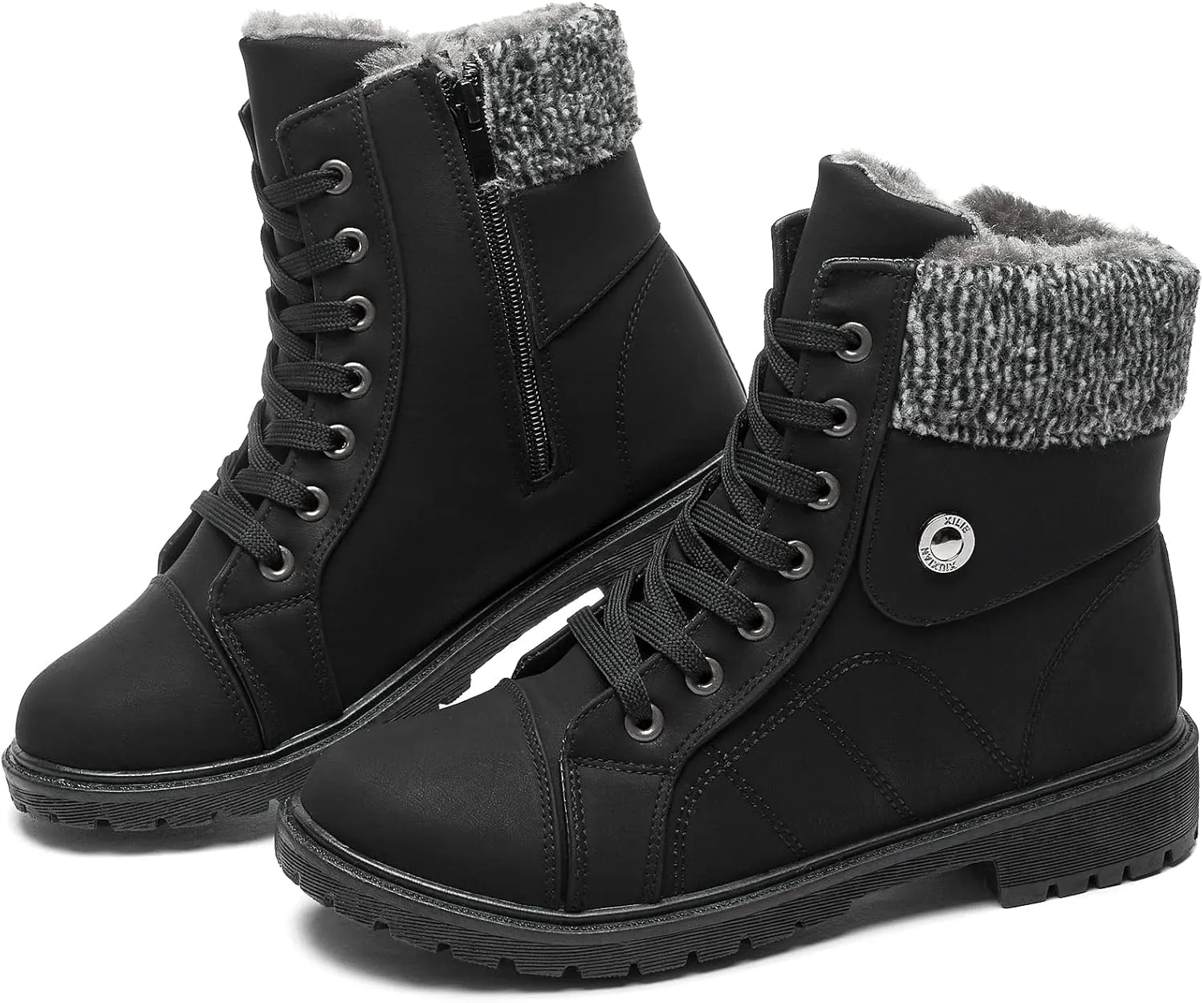 FRACORA Women's PU Leather Combat Boots Warm Fur Lined Black Ankle Booties Side Zipper White Boots Non-slip Winter Boots