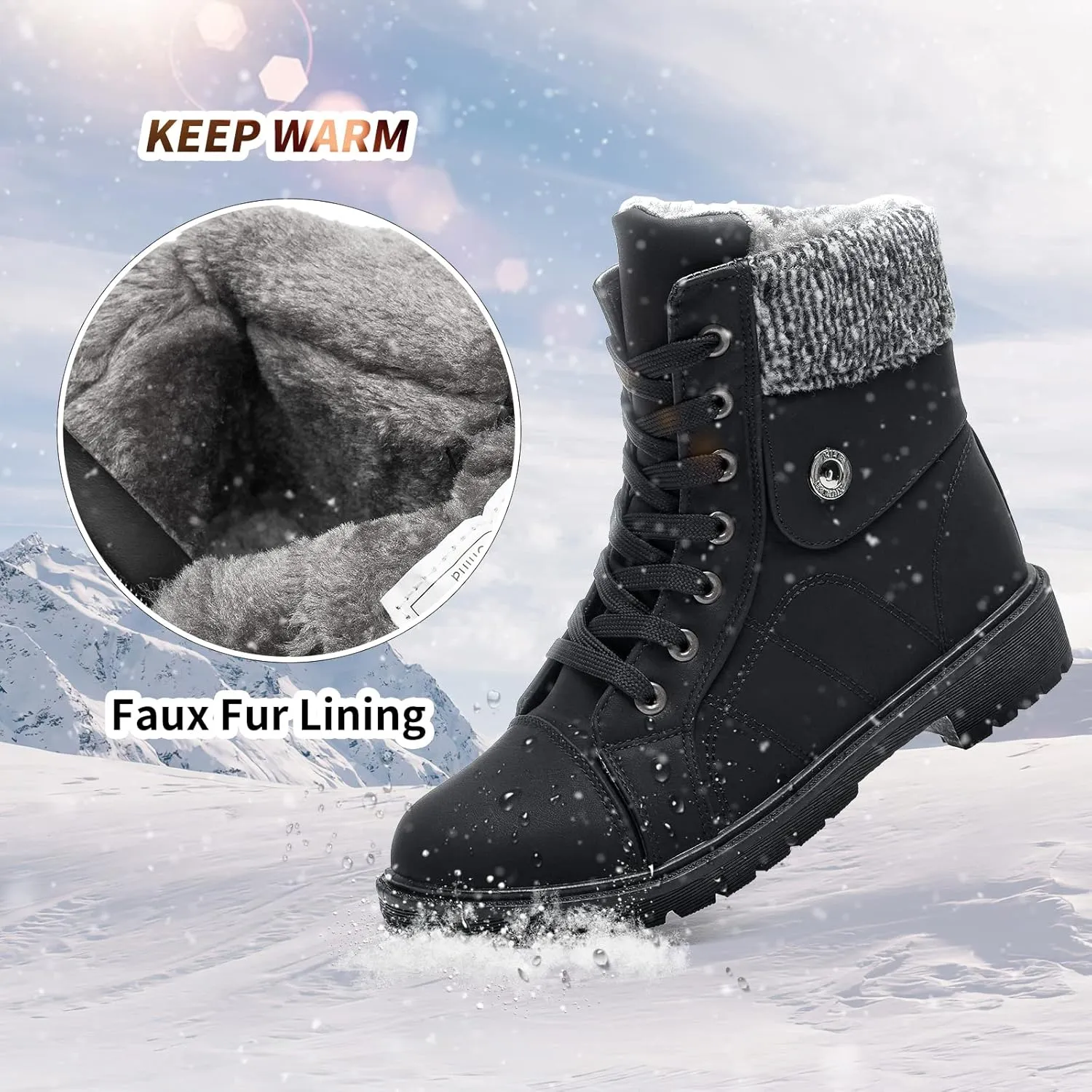 FRACORA Women's PU Leather Combat Boots Warm Fur Lined Black Ankle Booties Side Zipper White Boots Non-slip Winter Boots