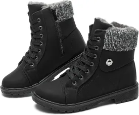 FRACORA Women's PU Leather Combat Boots Warm Fur Lined Black Ankle Booties Side Zipper White Boots Non-slip Winter Boots
