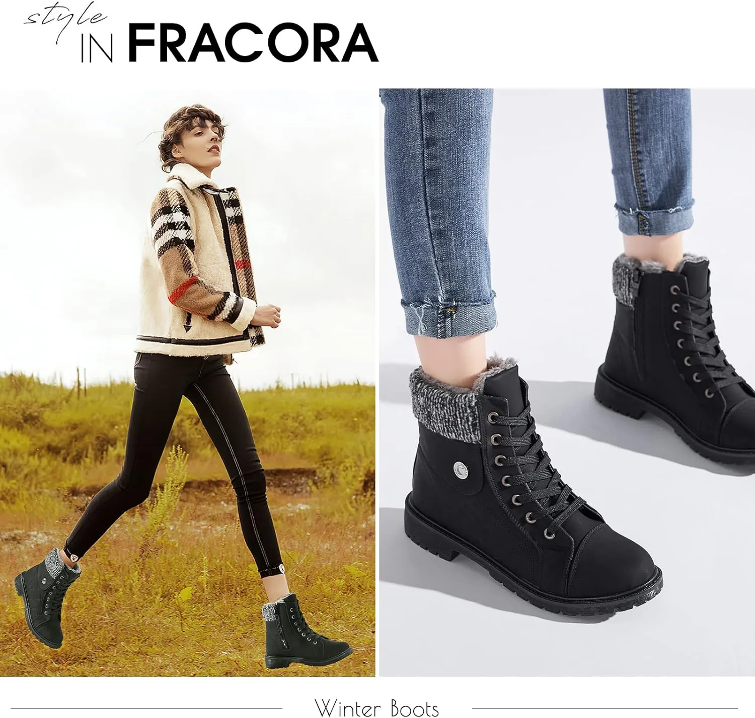 FRACORA Women's PU Leather Combat Boots Warm Fur Lined Black Ankle Booties Side Zipper White Boots Non-slip Winter Boots