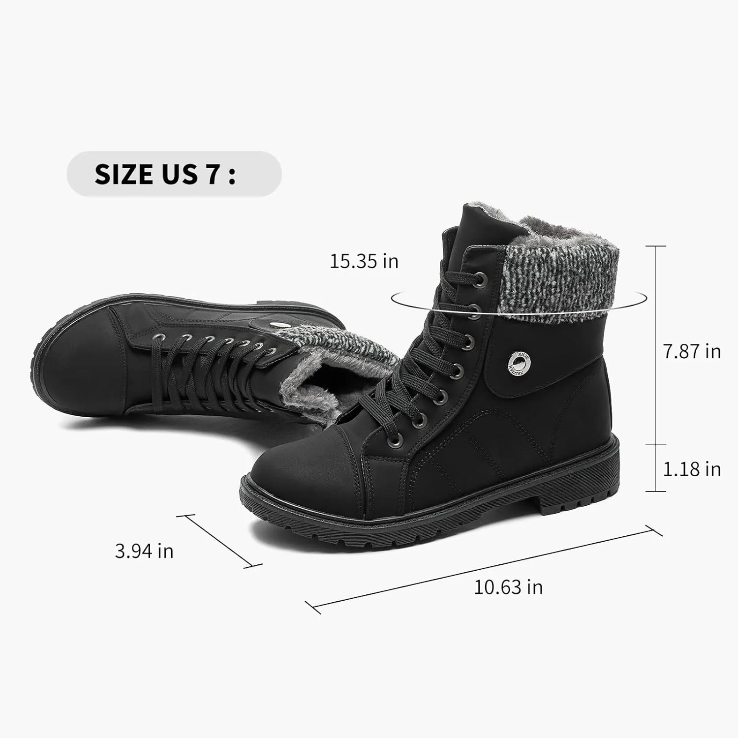 FRACORA Women's PU Leather Combat Boots Warm Fur Lined Black Ankle Booties Side Zipper White Boots Non-slip Winter Boots