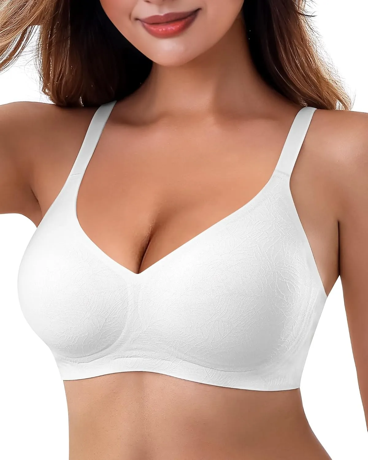 HORISUN Seamless Bra V Neck Lace Floral Wireless Bralette No Underwire Bra for Women