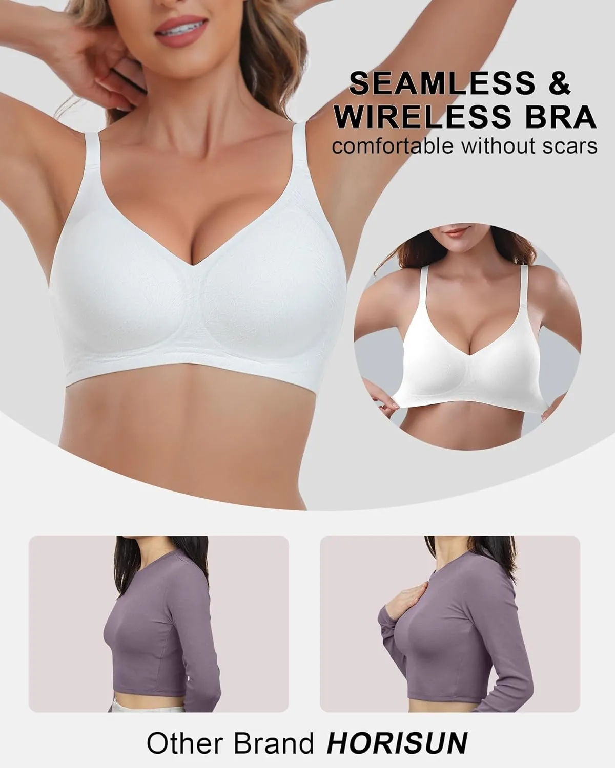 HORISUN Seamless Bra V Neck Lace Floral Wireless Bralette No Underwire Bra for Women
