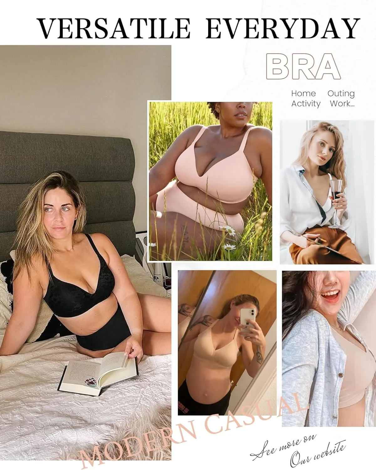 HORISUN Seamless Bra V Neck Lace Floral Wireless Bralette No Underwire Bra for Women