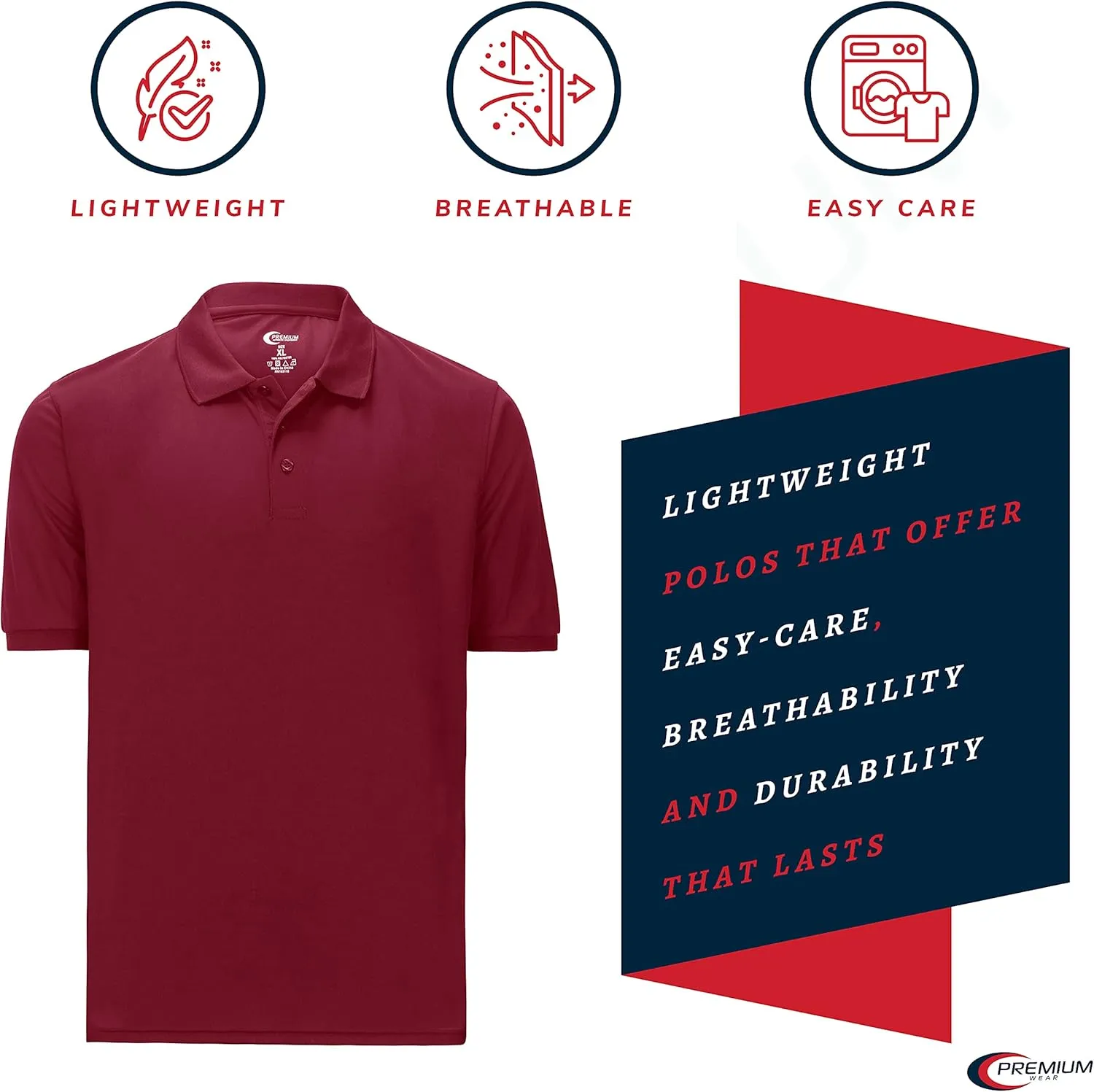 Premium Wear Men's Polo T-Shirt, High Moisture Wicking Dry Fit Performance Short-Sleeve Polo T-Shirt w Collar for Golf Tennis