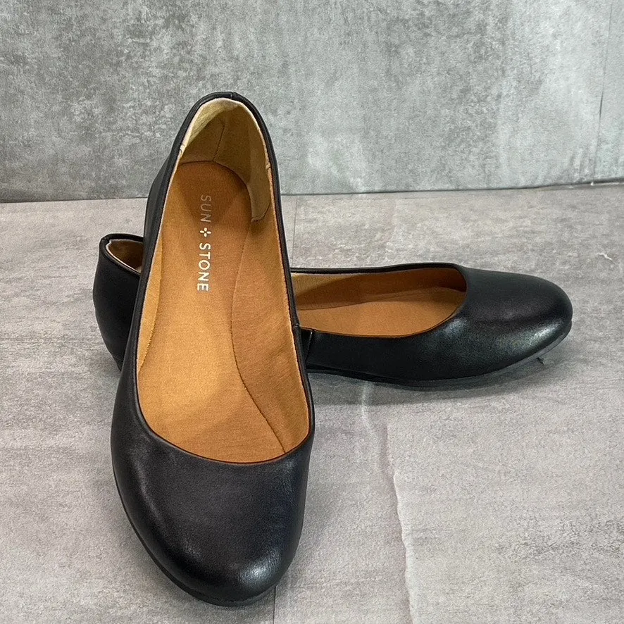 SUN   STONE Women's Black Smooth Eliana Memory Foam Round-Toe Slip-On Flats SZ 7