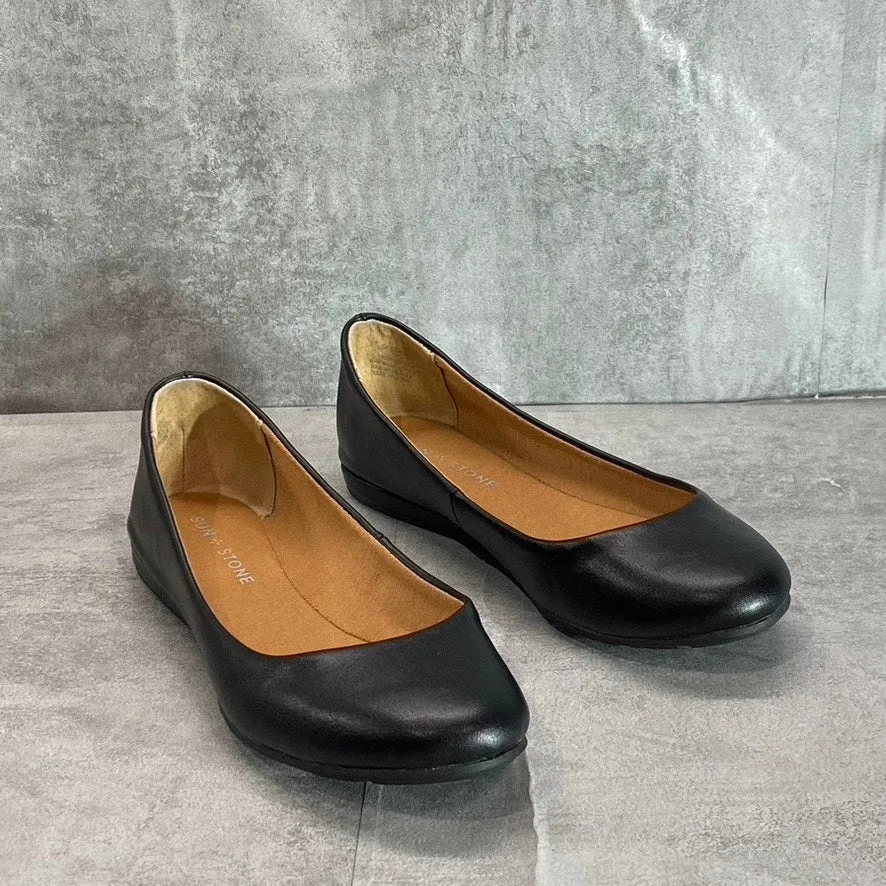 SUN   STONE Women's Black Smooth Eliana Memory Foam Round-Toe Slip-On Flats SZ 7