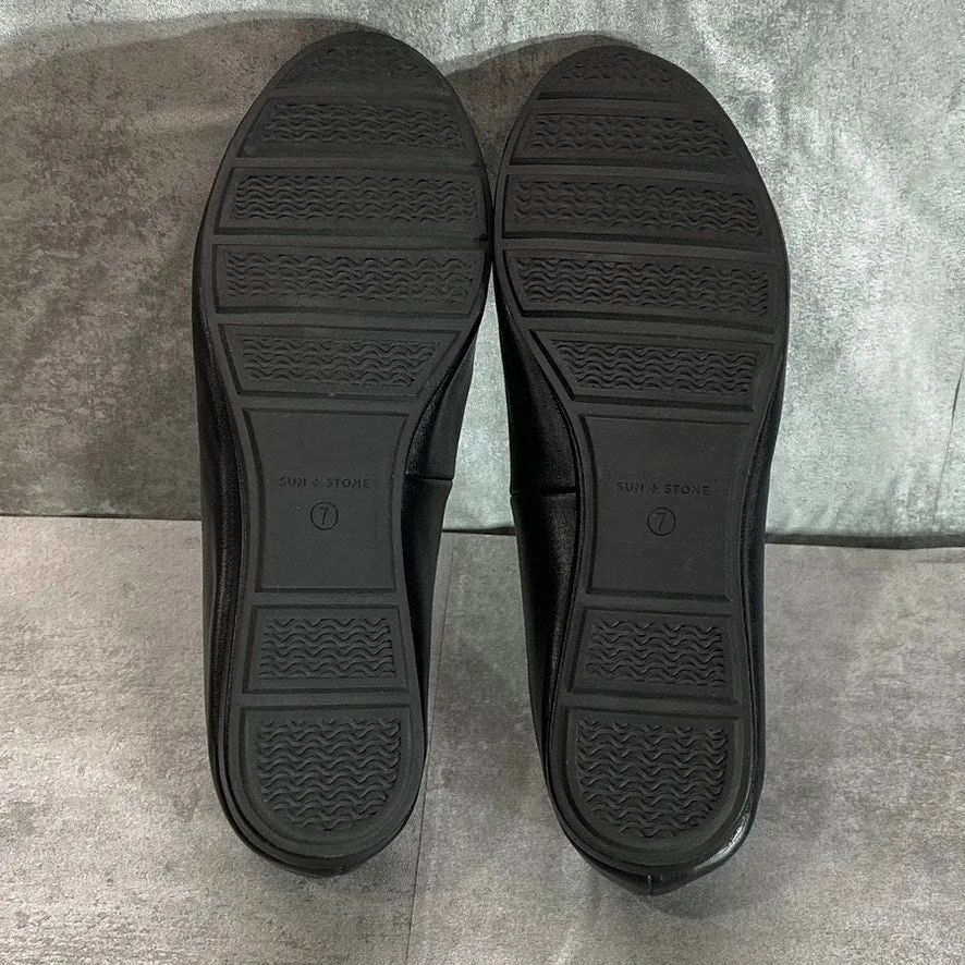 SUN   STONE Women's Black Smooth Eliana Memory Foam Round-Toe Slip-On Flats SZ 7