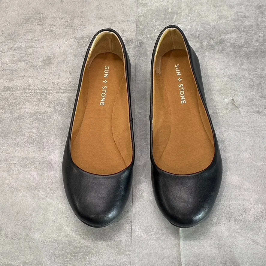 SUN   STONE Women's Black Smooth Eliana Memory Foam Round-Toe Slip-On Flats SZ 7
