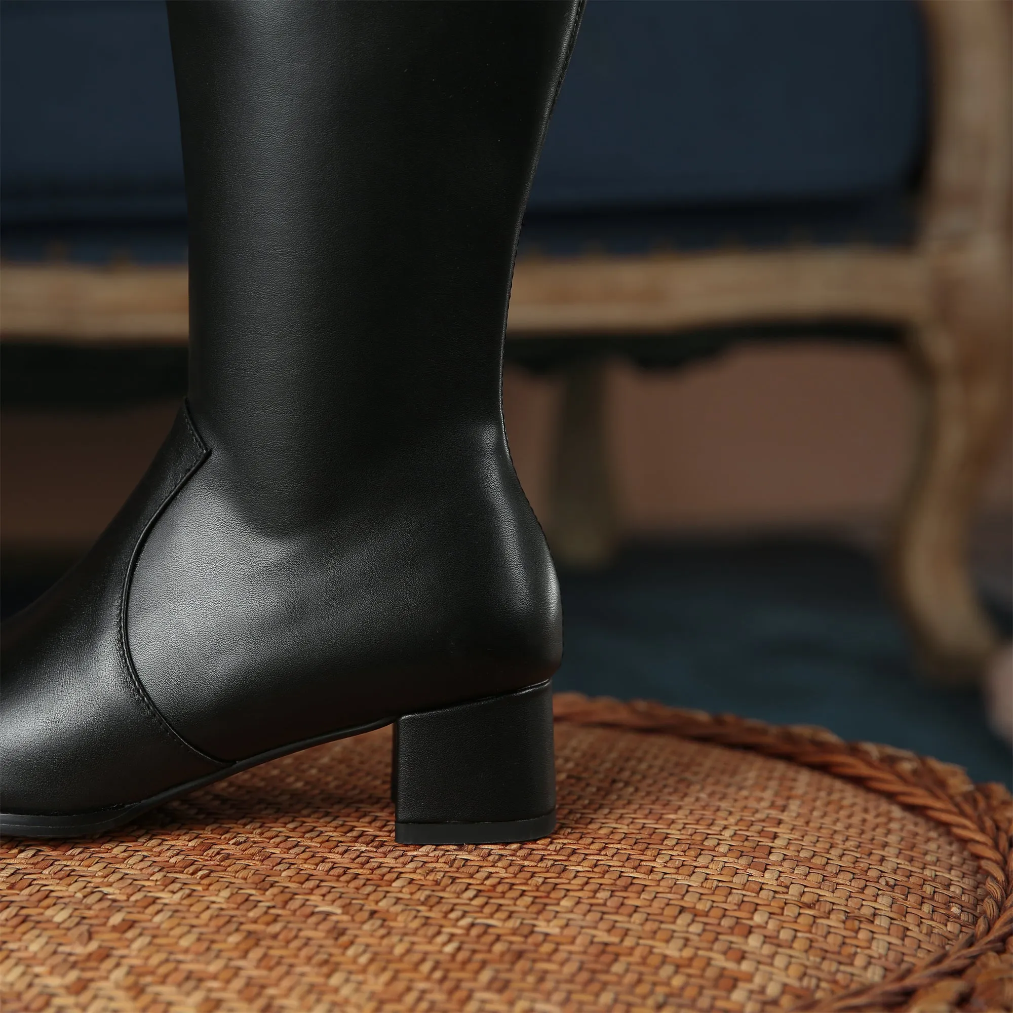 TinaCus Women's Handmade Leather Comfortable Chunky Heel Side Half Zipper Round Toe Knee-High Boots