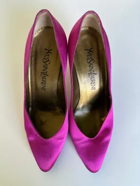 YVES SAINT LAURENT Vintage Pointed Toe Hot Pink Satin Pump~Size 7M- USED~Custom Dyed made in Italy